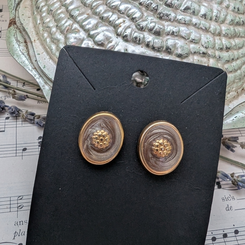 Vintage Enamel Gold and Brown Oval Earrings